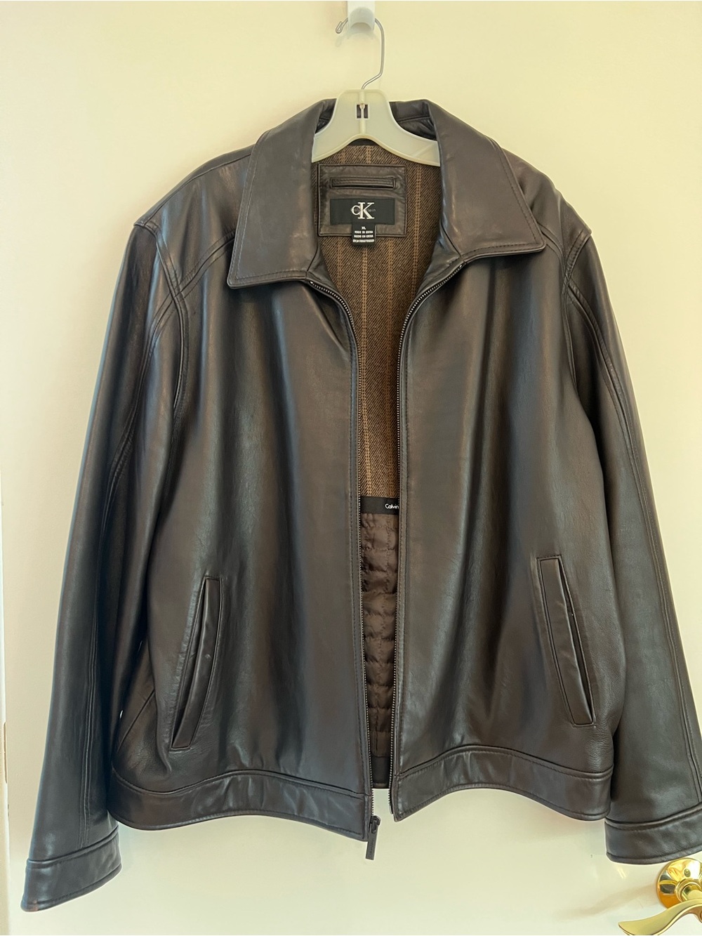 Calvin Klein Men's Dark Brown Leather Bomber Jacket